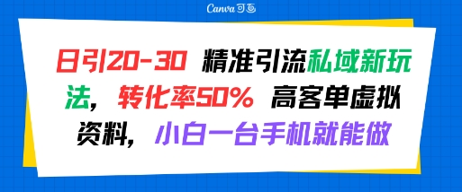 日引 20-30 精准引流私域新玩法，转化率50% 高客单虚拟资料，小白一台手机就能做-枫客网创
