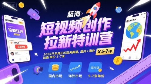 短视频创作拉新特训营，2025开年真正的蓝海赛道，国内+海外，拉新单价5-7米-枫客网创
