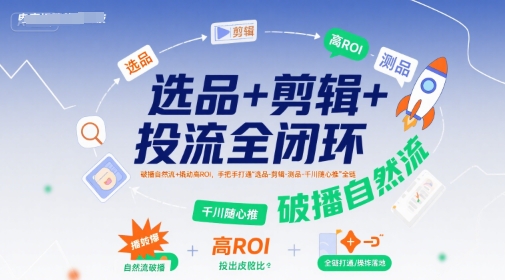 选品+剪辑+投流全闭环，破播自然流+撬动高ROI，手把手打通“选品-剪辑-测品-千川随心推”全链-枫客网创
