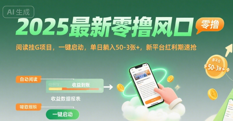 2025最新零撸风口，阅读挂G项目，一键启动，单日躺入 50-3张+，新平台红利期速抢【揭秘】-枫客网创