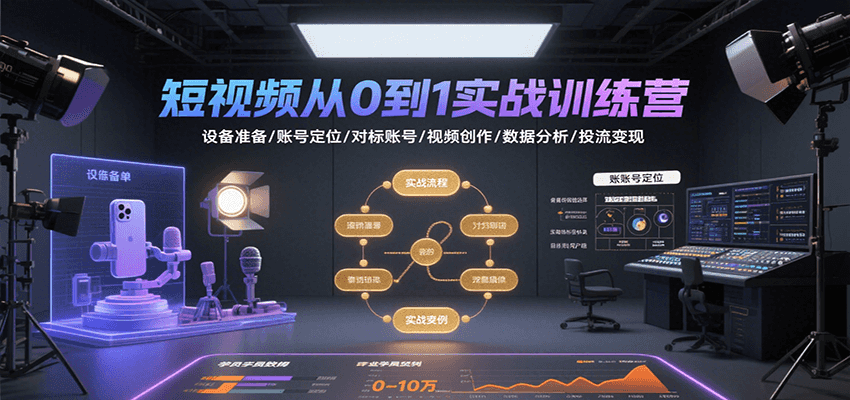 短视频从0到1实战训练营：设备准备/账号定位/对标账号/视频创作/数据分析/投流变现-枫客网创
