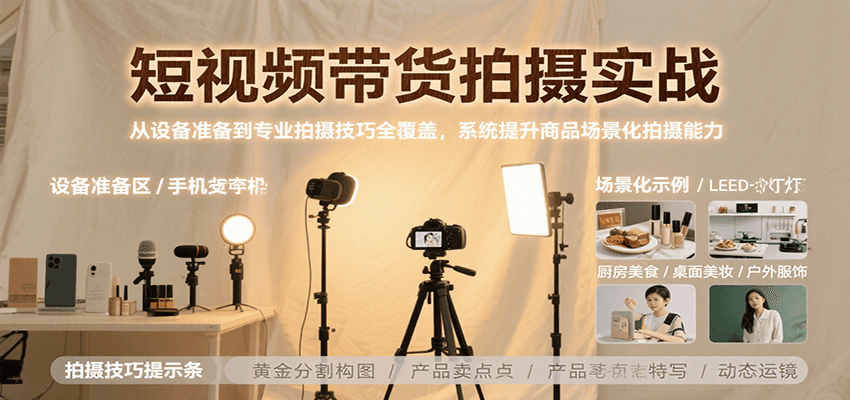 短视频带货拍摄实战，从设备准备到专业拍摄技巧全覆盖，系统提升商品场景化拍摄能力-枫客网创