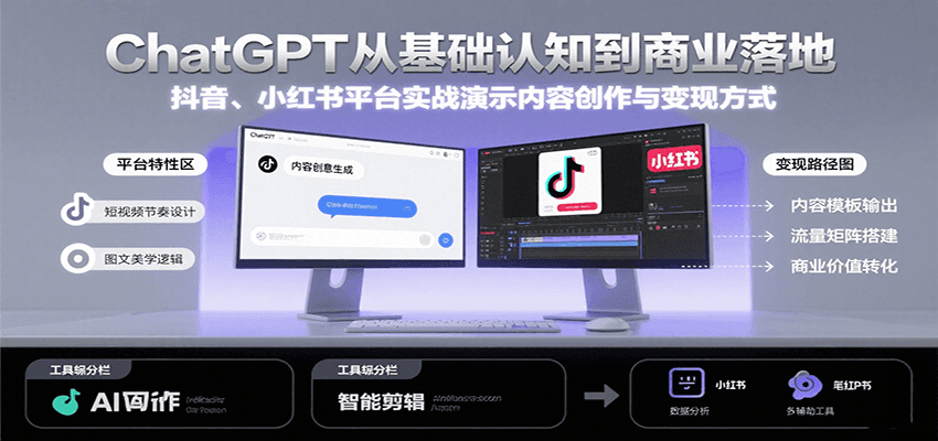 ChatGPT从基础认知到商业落地，实战演示抖音、小红书等平台的内容创作与变现-枫客网创