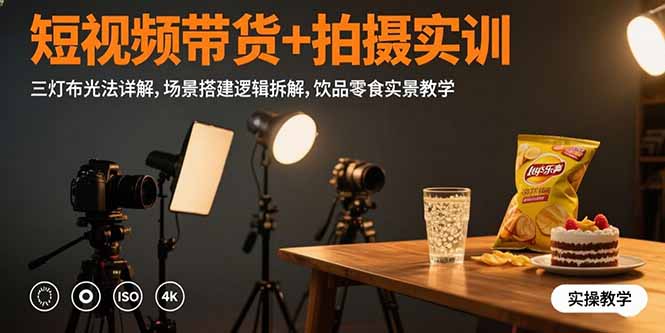 短视频带货+拍摄实训：三灯布光法详解,场景搭建逻辑拆解,饮品零食实景教学-枫客网创