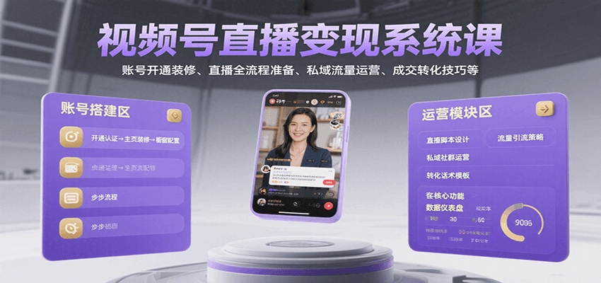 视频号直播变现系统课，账号开通装修、直播全流程准备、私域流量运营、成交转化技巧等-枫客网创