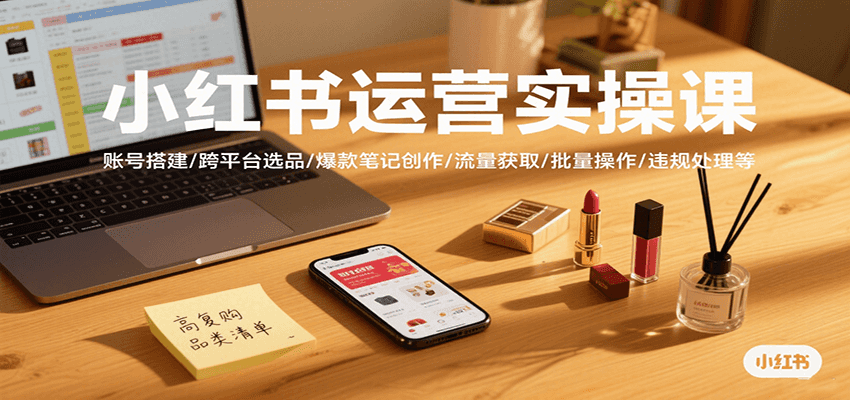 小红书运营实操课，账号搭建/跨平台选品/爆款笔记创作/流量获取/批量操作/违规处理等-枫客网创