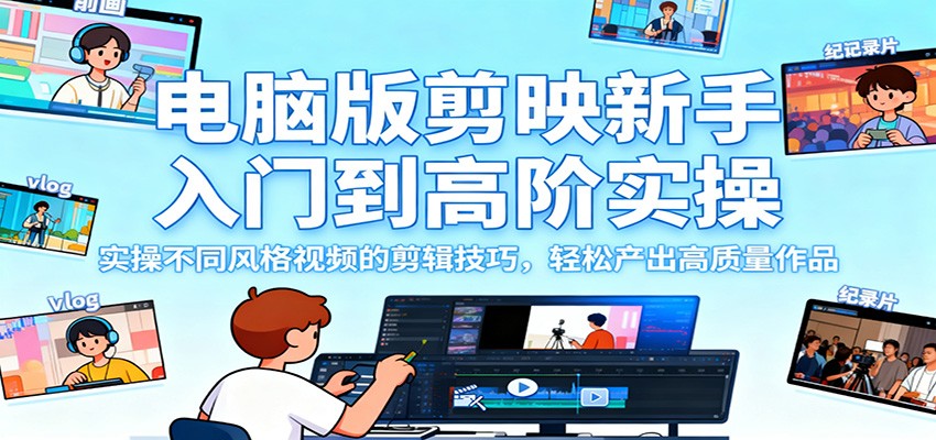 电脑版剪映新手入门到高阶实操，实操不同风格视频的剪辑技巧，轻松产出高质量作品-枫客网创