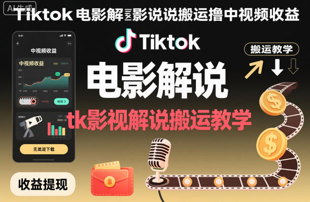 Tiktok电影解说搬运撸中视频收益,tk影视解说搬运教学-枫客网创
