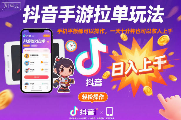 抖音手游拉单玩法，手机平板都可以操作，一天十分钟也可以收入上K【揭秘】-枫客网创