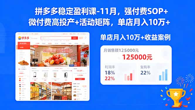 拼多多稳定盈利课-11月，强付费SOP+微付费高投产+活动矩阵，单店月入10w+-枫客网创